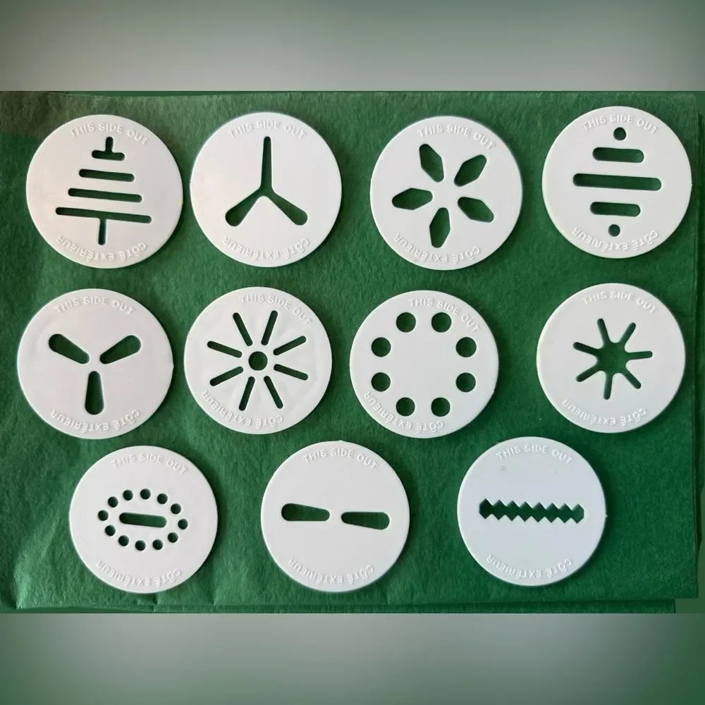 Cookie Press Holiday Baking Disk Set of 11 White Plastic‎ 2” Disks